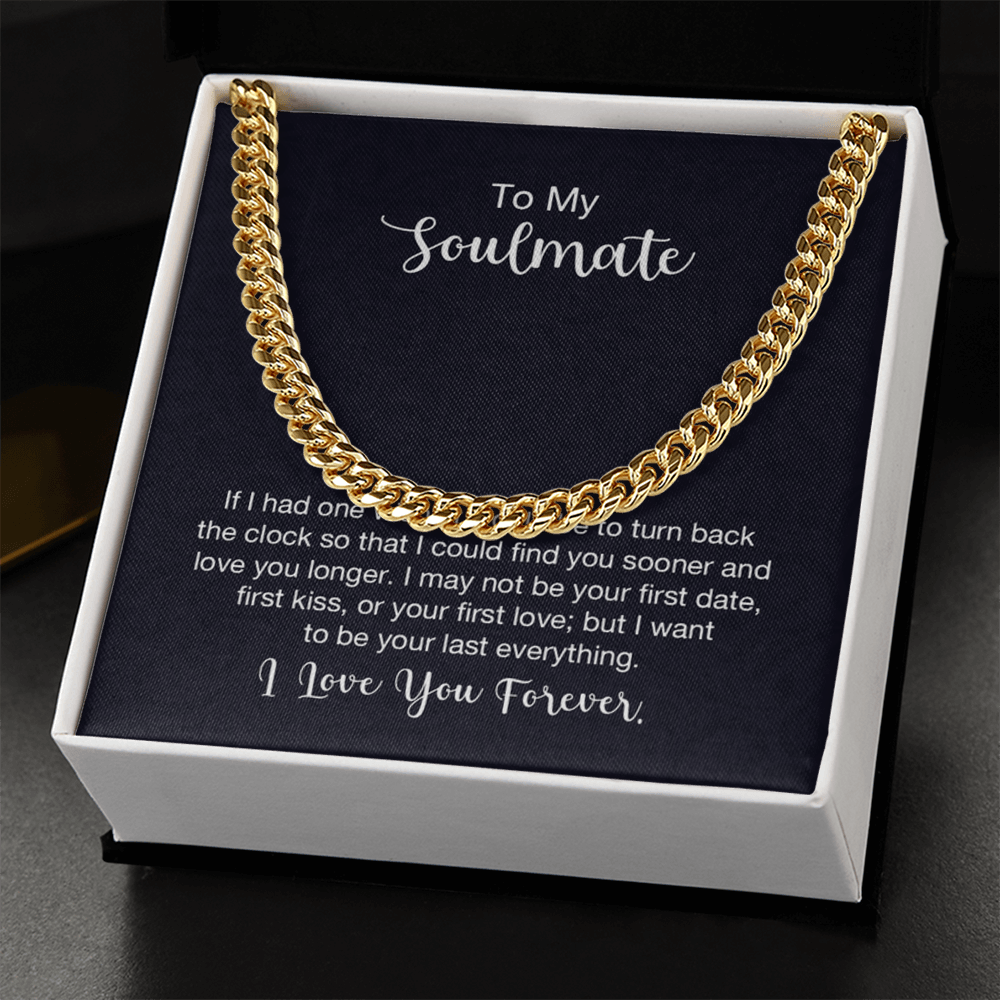 Gold chain necklace on gift box with soulmate message, Store4Sorts jewelry gift item