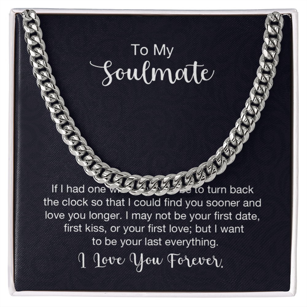Silver chain necklace on gift box with romantic soulmate message, Store4Sorts jewelry gift.