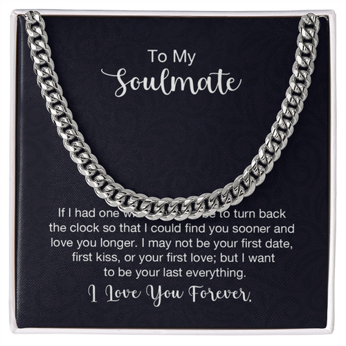 Silver chain necklace on gift box with romantic soulmate message, Store4Sorts jewelry gift.