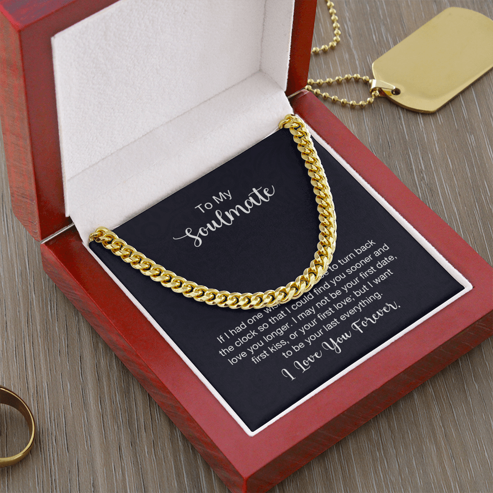 Gold Cuban link chain necklace in a red gift box with soulmate message card, Store4Sorts jewelry gift.