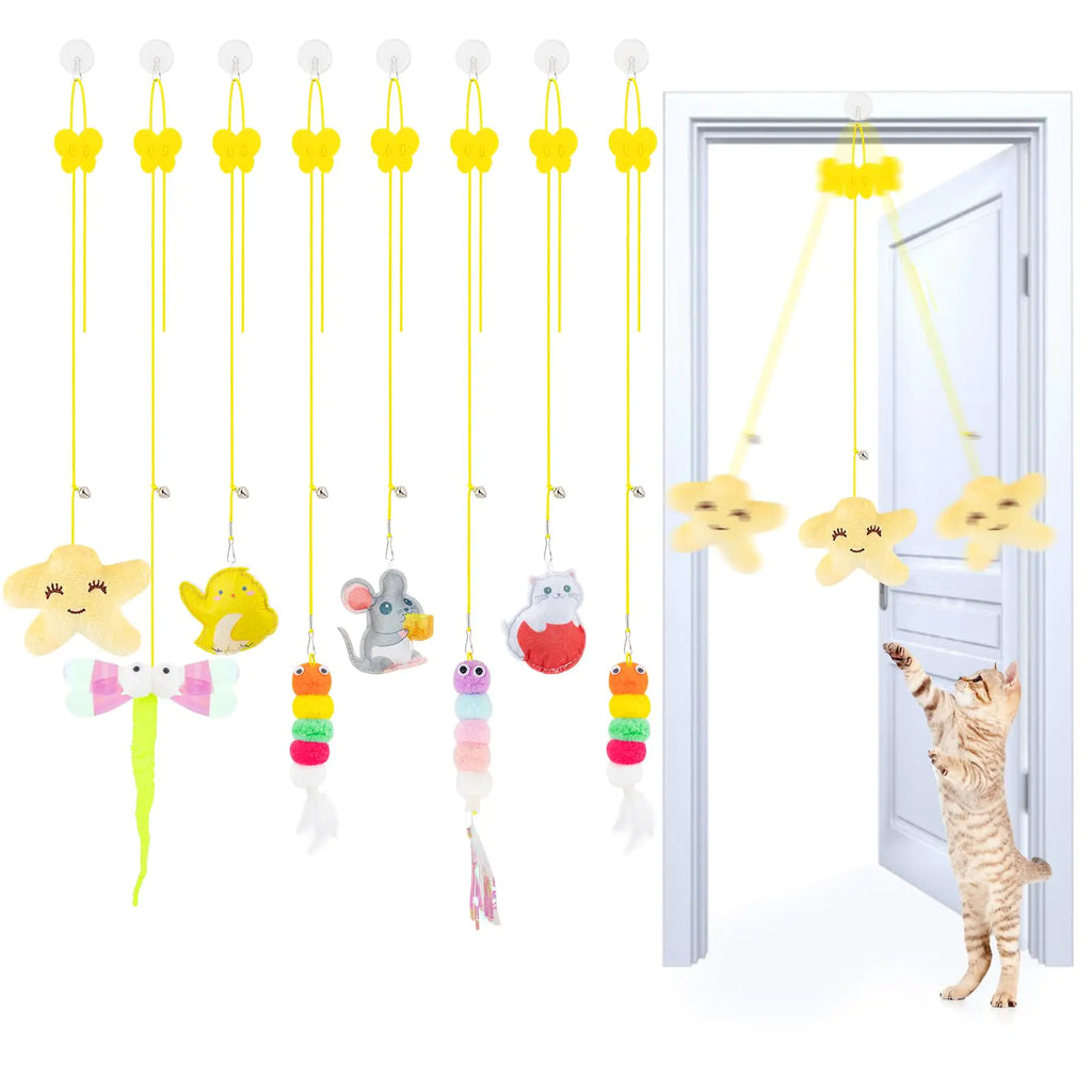 8PC Interactive Cat Toy Cat Feather Toy Hanging Cat Toy Cat Door Toy Retractable Cat Teaser Hunting Toy Door Hanging Kitten Mouse Toy Door Frame Hanger for Indoor Cat Mental Physical Play - Store4Sorts